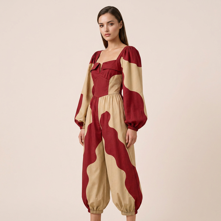 Red Brown Colorblock Jumpsuit for Vacation Ready and Statement Style Women