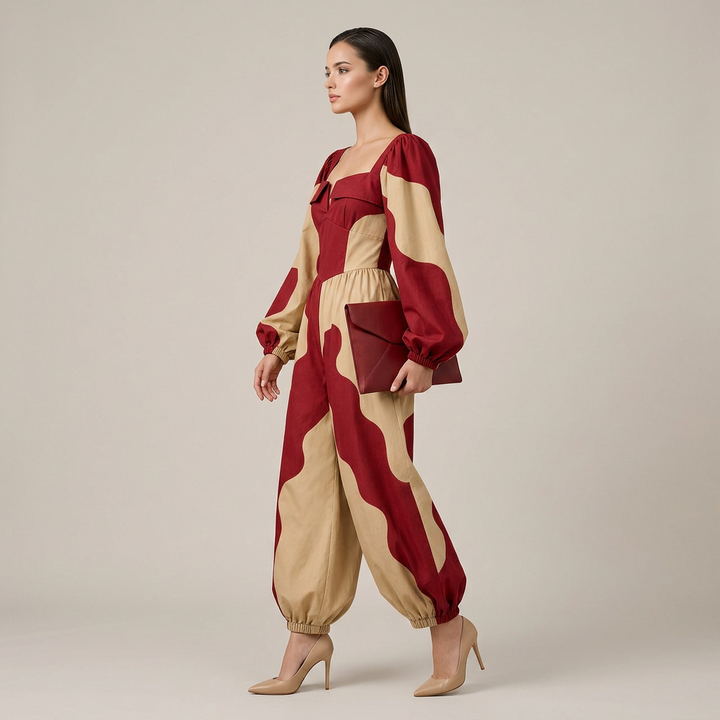 Red Brown Colorblock Jumpsuit for Vacation Ready and Statement Style Women