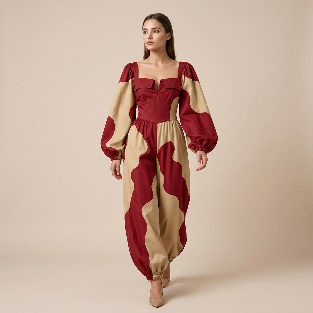 Red Brown Colorblock Jumpsuit for Vacation Ready and Statement Style Women