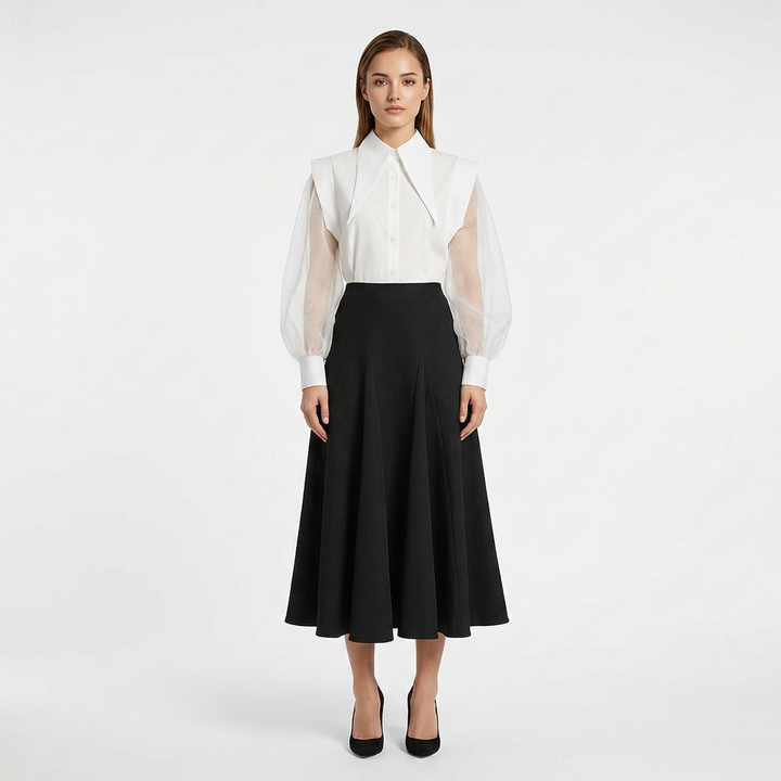 Black and White Shirt and High Waisted Maxi Skirt Set for Meetings Ready and Timeless Elegance Women