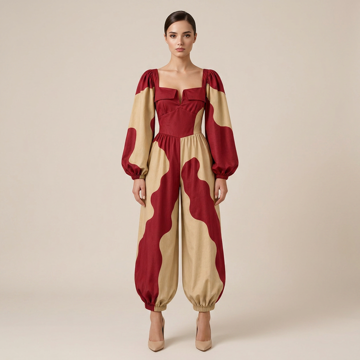 Red Brown Colorblock Jumpsuit for Vacation Ready and Statement Style Women