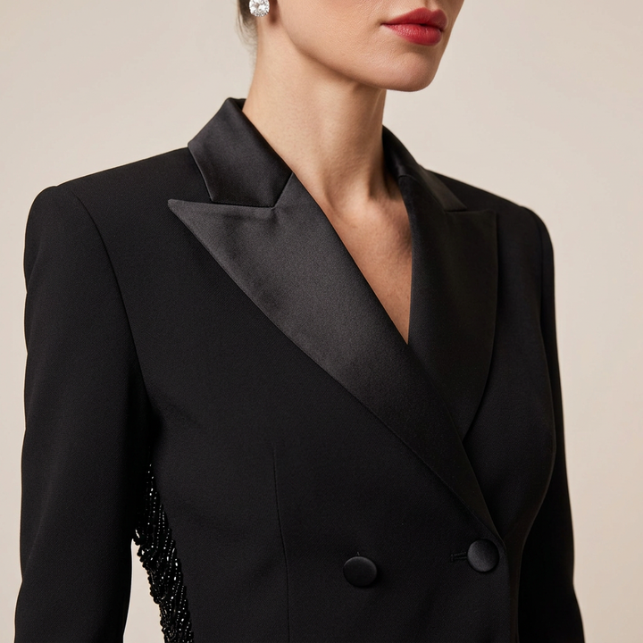 Black Beaded Cropped Blazer and High Waist Pants Set for Friday Night Vibes and Modern Glamour Women