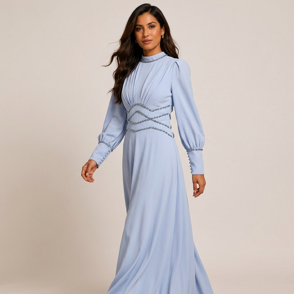 Light Blue Beaded High-Neck Long Sleeve Maxi Evening Gown