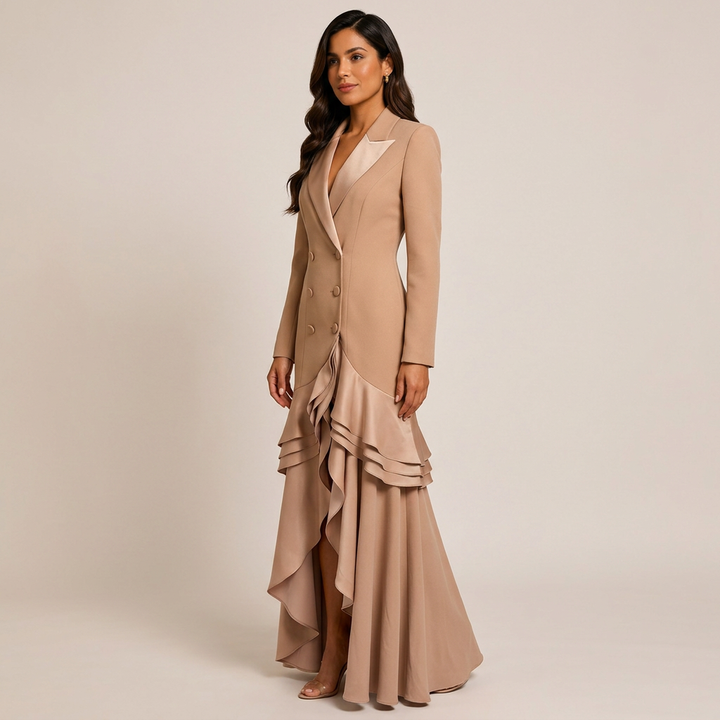 Khaki Satin Ruffle Double-Breasted Blazer Maxi Evening Gown