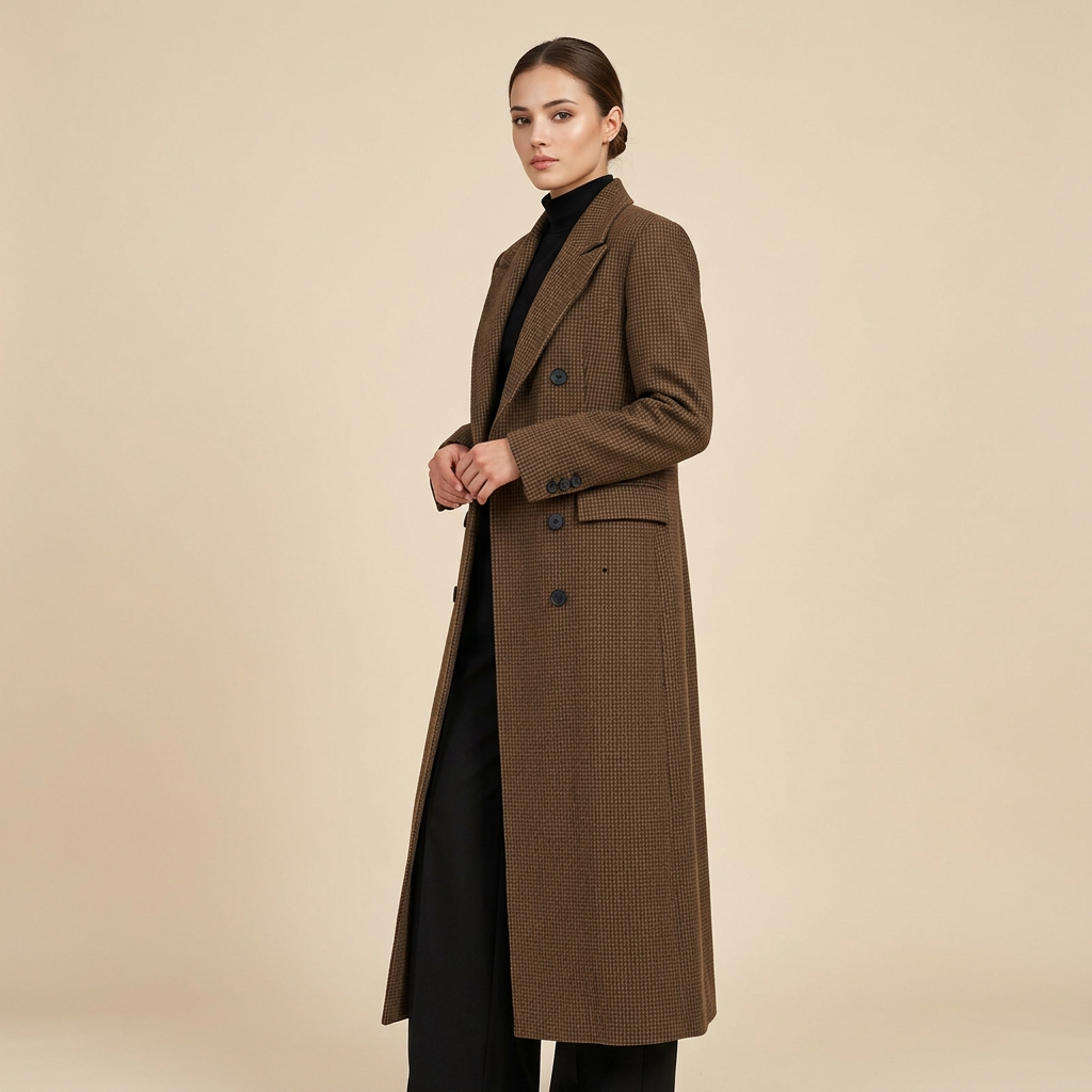 Houndstooth Structured Double-Breasted Long Wool-Blend Coat