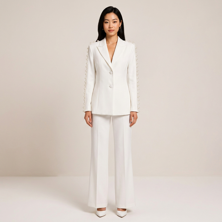 White Pearl Sleeve Blazer and Wide Leg Pants Set for Meetings and Executive Elegance Women