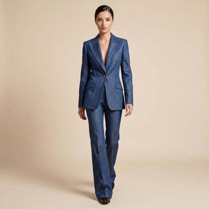 Faux Denim One Button Tailored Blazer and Wide Leg Pants Suit Set for Meetings Ready and Modern Executive Style Women