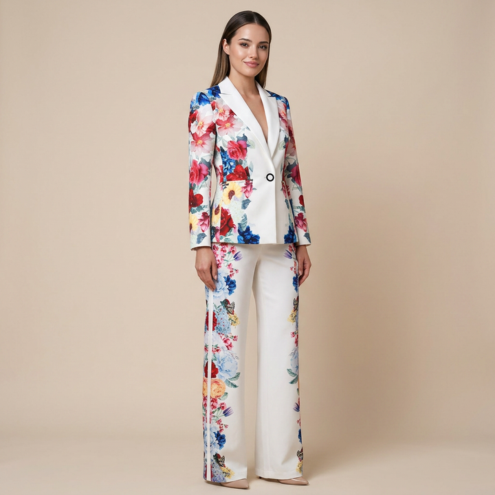 Floral Print Blazer and Wide Leg Pants Suit Set for Office Style Women