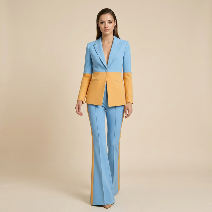 Color Block One-Button Blazer and Flared Pants Set for Meetings Ready Women