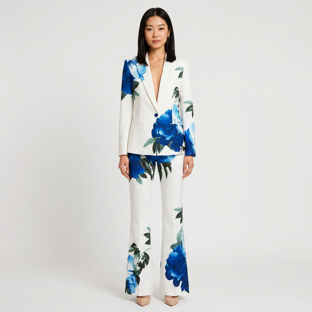 Floral Print Tailored Blazer and Flared Pants Suit Set for Friday Night Vibes and Statement Elegance Women