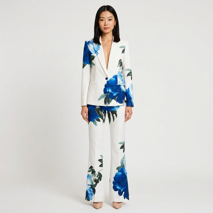 Floral Print Tailored Blazer and Flared Pants Suit Set for Friday Night Vibes and Statement Elegance Women