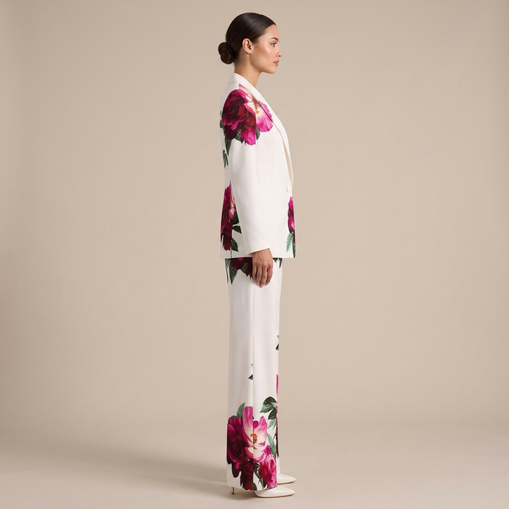 Floral Print Tailored Blazer and Flared Pants Suit Set for Friday Night Vibes and Statement Elegance Women