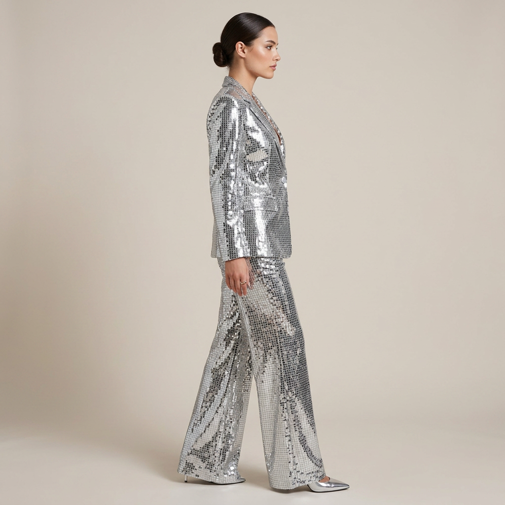 Silver Sequin Peak Lapel Blazer and Wide Leg Pants Set for Friday Night Vibes Women