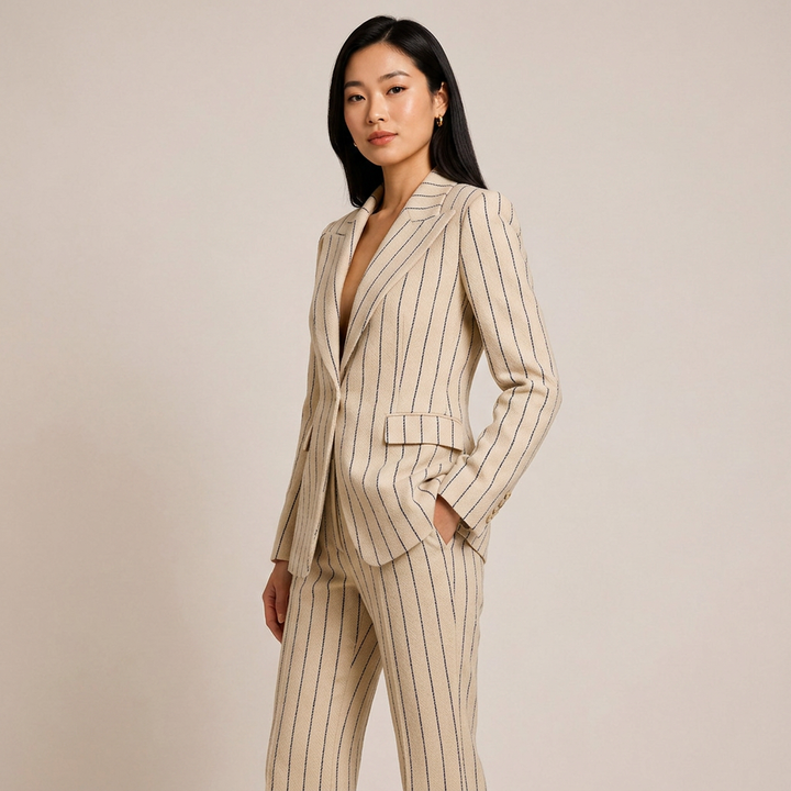 Pinstripe Tailored Blazer and Wide Leg Pants Set for Meetings Ready and Executive Elegance Women