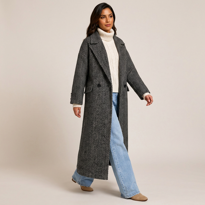Black Herringbone Oversized Double-Breasted Long Wool-Blend Coat