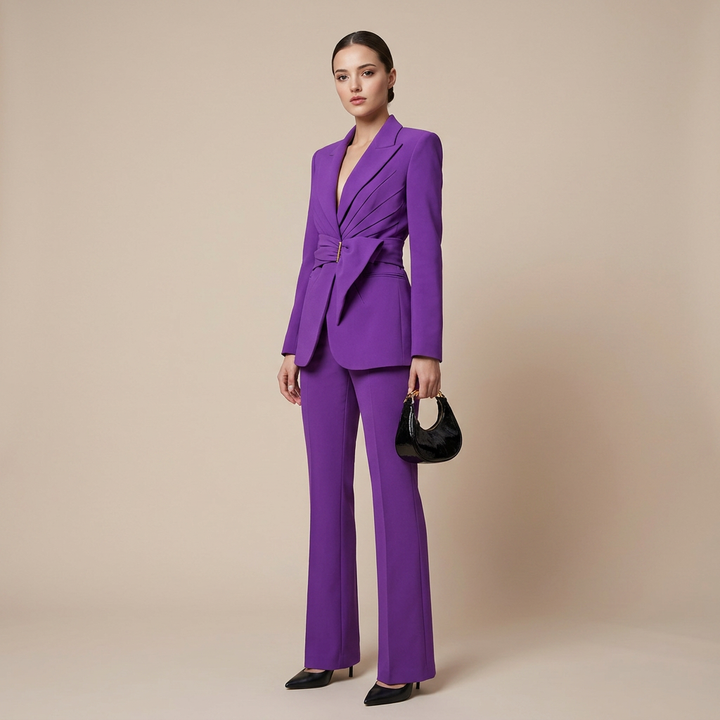 Wrap Waist Tailored Blazer and Flared Pants Suit Set for Meetings Ready and Modern Executive Style Women
