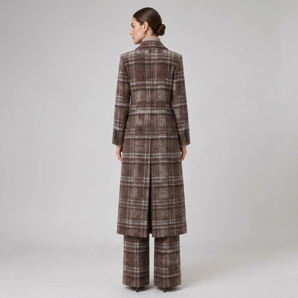 Brown Plaid Wool-Blend Long Coat &amp; Wide-Leg Pants Set