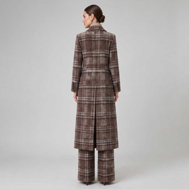 Brown Plaid Wool-Blend Long Coat &amp; Wide-Leg Pants Set