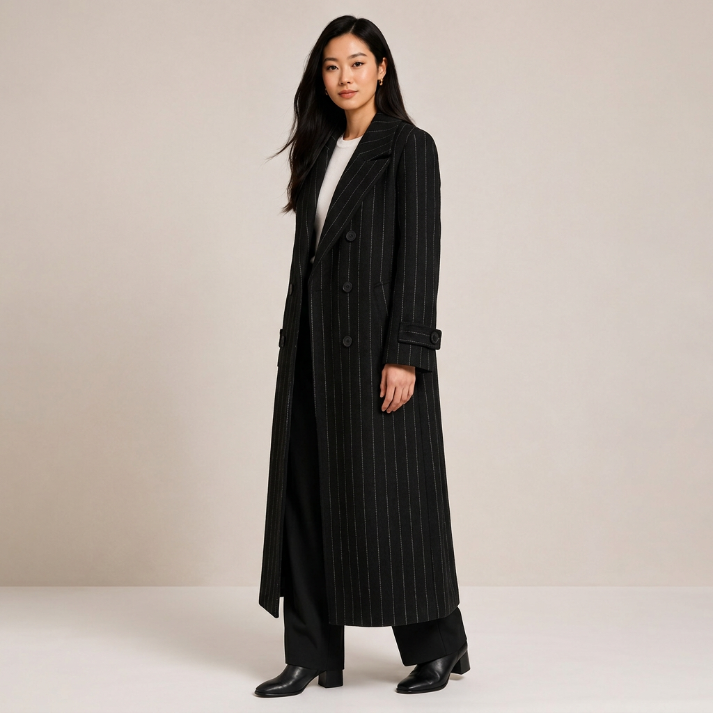 Pinstripe Oversized Double-Breasted Long Wool-Blend Coat