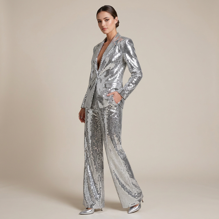 Silver Sequin Peak Lapel Blazer and Wide Leg Pants Set for Friday Night Vibes Women