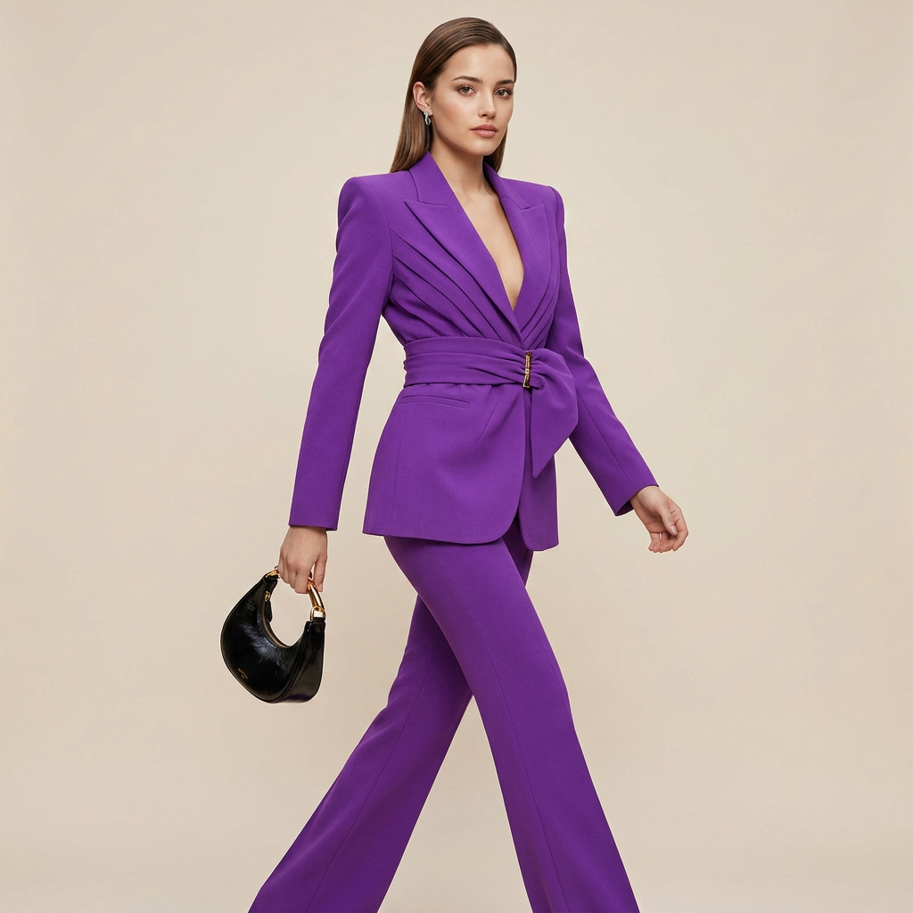 Wrap Waist Tailored Blazer and Flared Pants Suit Set for Meetings Ready and Modern Executive Style Women