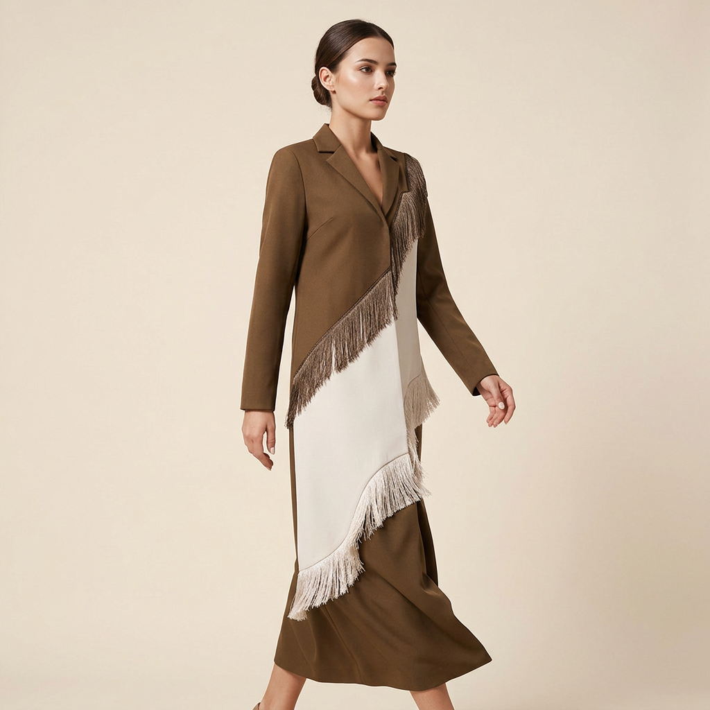 Brown Color Block Fringe Maxi Blazer Coat-Vyana Collective