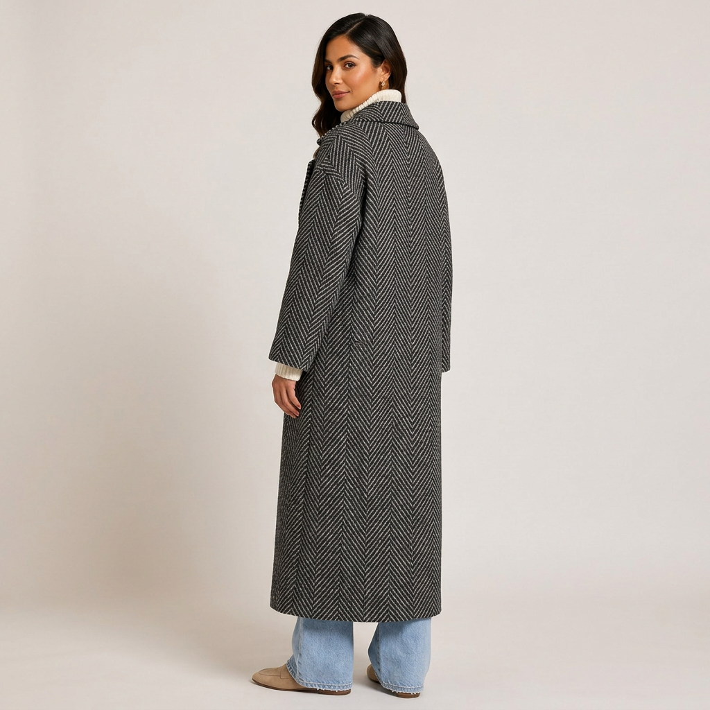 Black Herringbone Oversized Double-Breasted Long Wool-Blend Coat