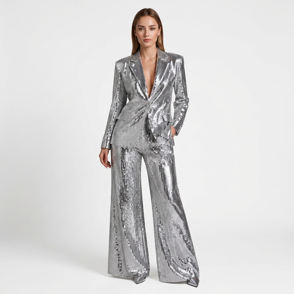 Silver Sequin Peak Lapel Blazer and Wide Leg Pants Set for Friday Night Vibes Women