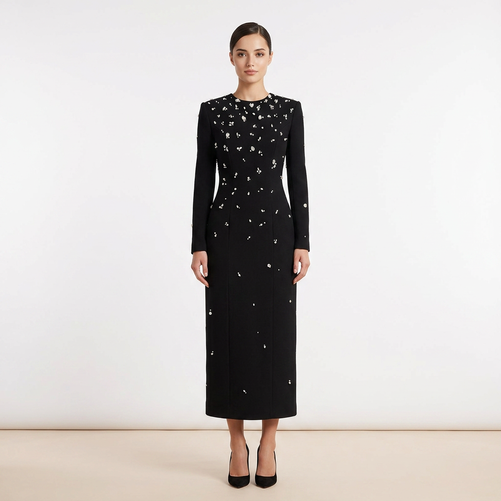 Beaded Rhinestone Maxi Gown for Black Tie Elegance and Evening Glamour Women