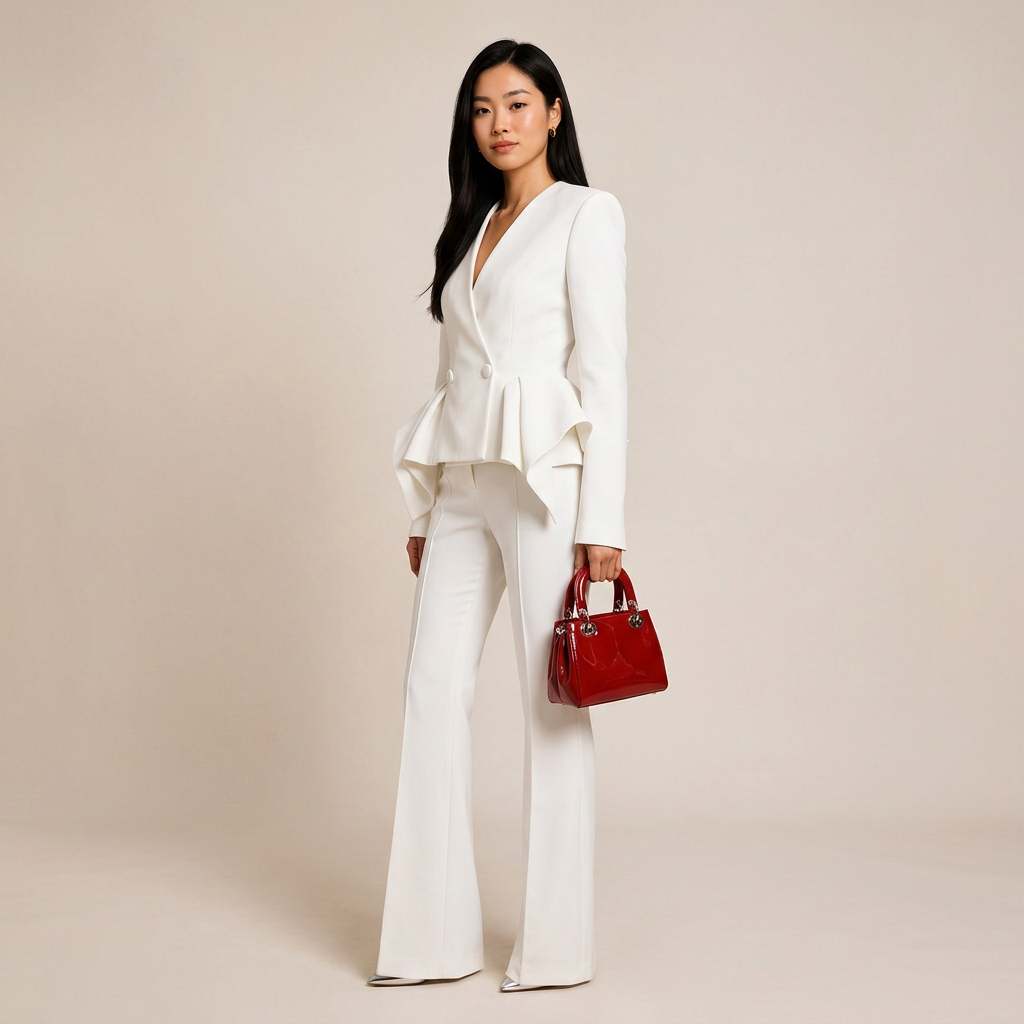 Ruffle Sleeve Tailored Blazer and Slightly Flared Pants Suit Set for Meetings Ready and Statement Elegance Women