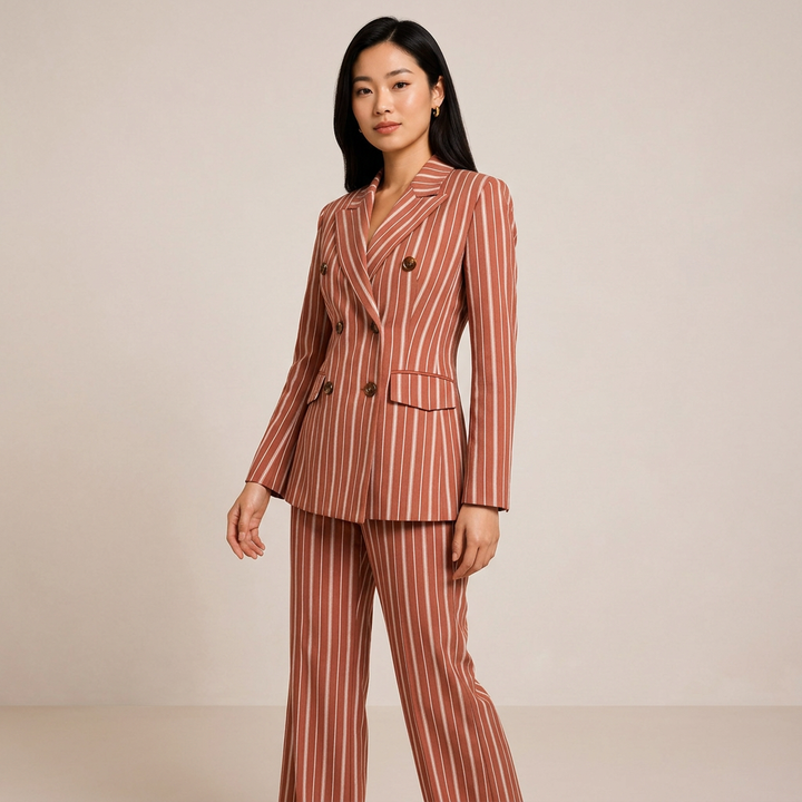 Striped Double Breasted Blazer and Wide Leg Pants Set for Meetings Ready Women