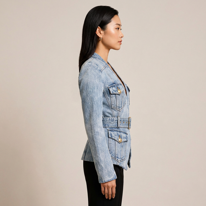 Belted Washed Denim Blazer for Friday Night Vibes and Elevated Casual Style Women