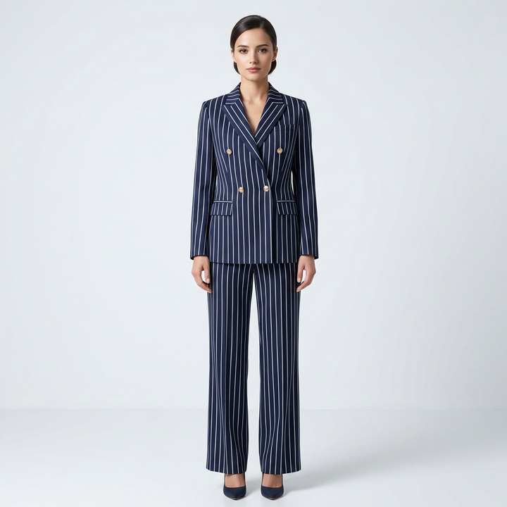 Navy Pinstripe Three Piece Blazer, Vest and Wide Leg Pants Set for Meetings Ready and Executive Elegance Women