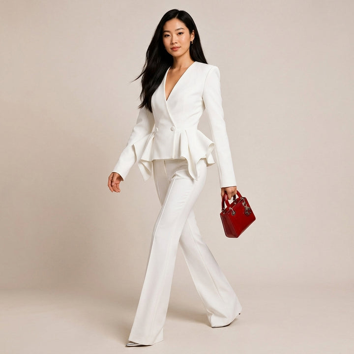 Ruffle Sleeve Tailored Blazer and Slightly Flared Pants Suit Set for Meetings Ready and Statement Elegance Women