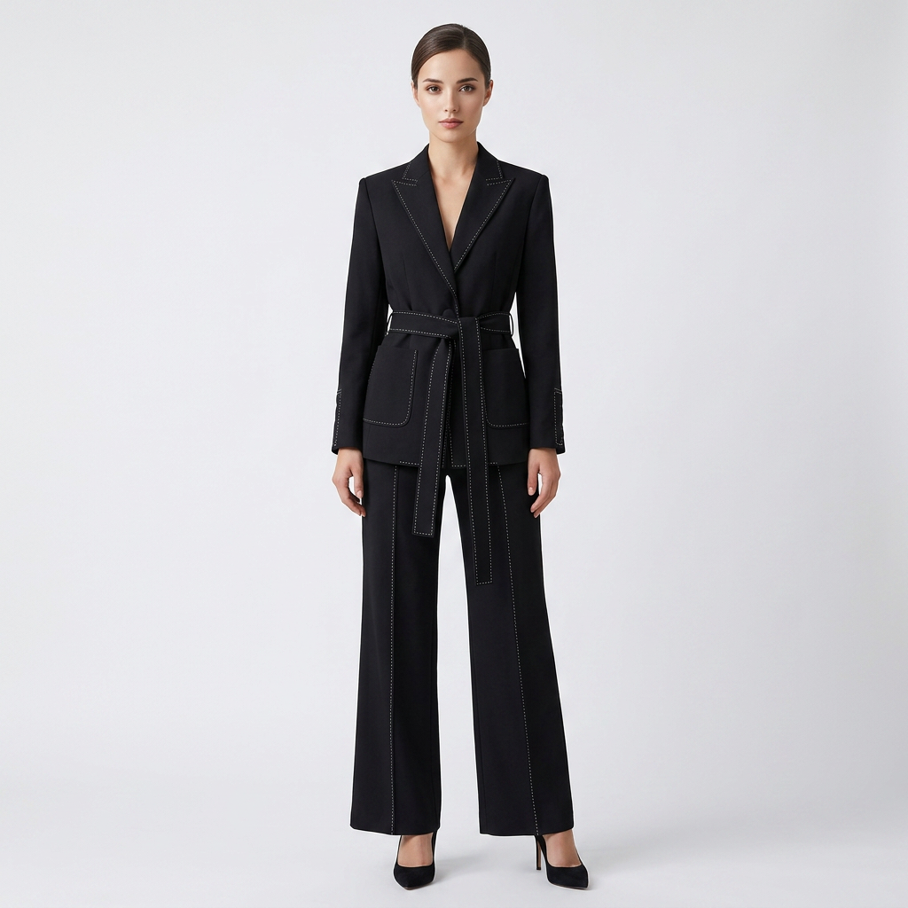 Belted Tailored Blazer and Wide Leg Pants Set with Contrast Stitching for Meetings Ready and Executive Elegance Women