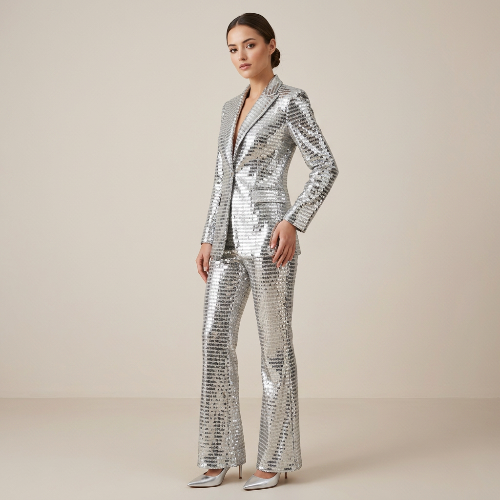 Silver Sequin Blazer and Wide Leg Pants Set for Gala Nights and Statement Glamour Women