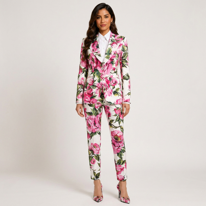 Floral Print One-Button Blazer and Straight Leg Pants Set for Friday Night Vibes Women