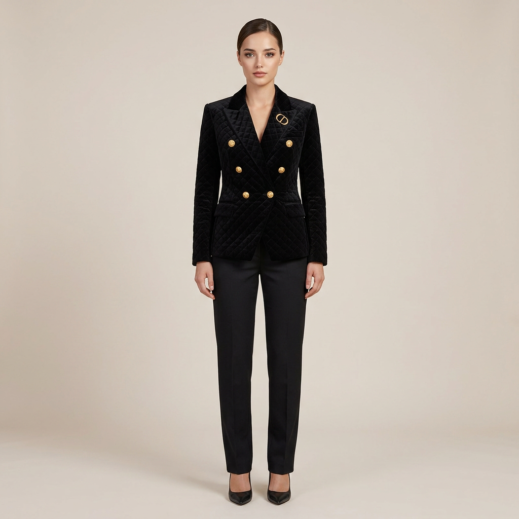 Quilted Velvet Double Breasted Blazer for Executive Office Style Women