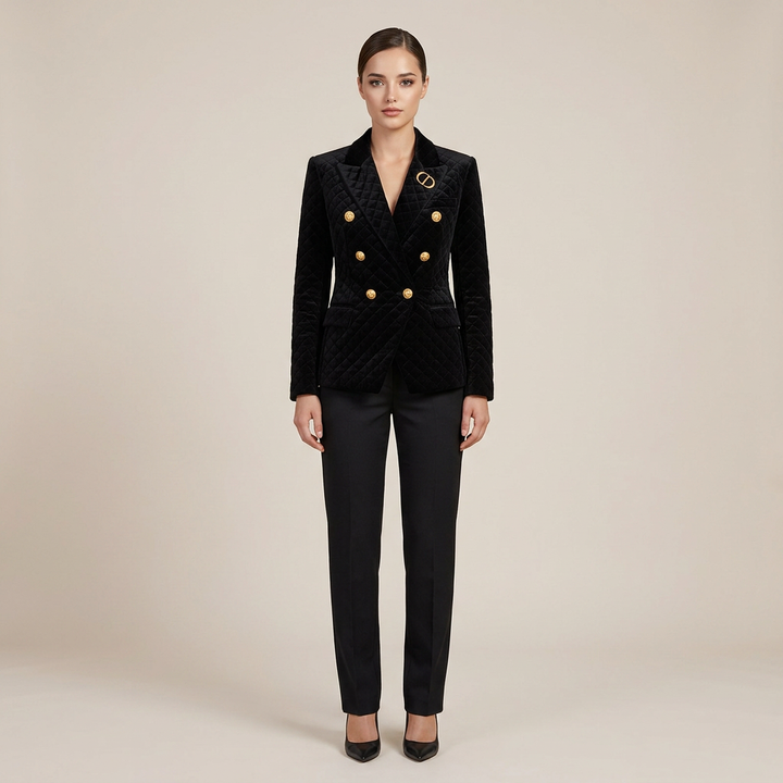 Quilted Velvet Double Breasted Blazer for Executive Office Style Women