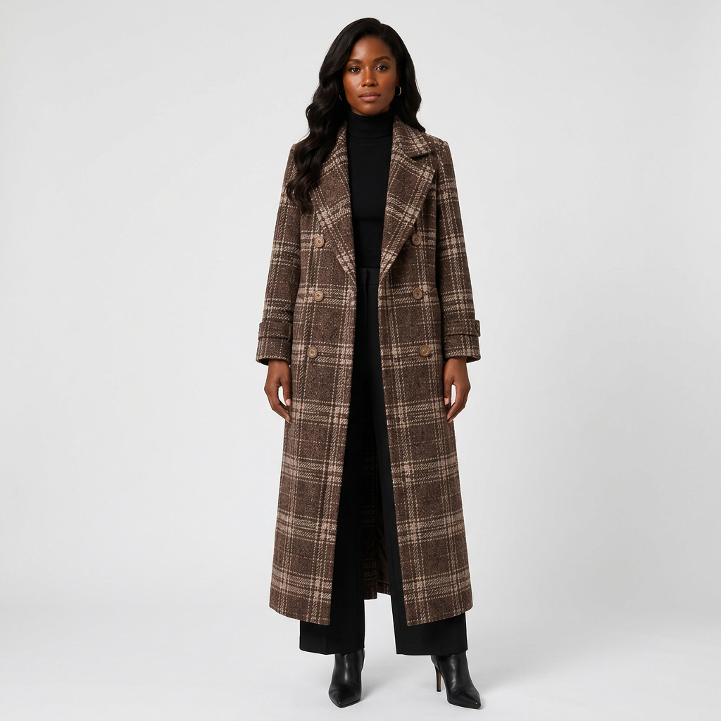 Plaid Oversized Double-Breasted Long Wool-Blend Coat