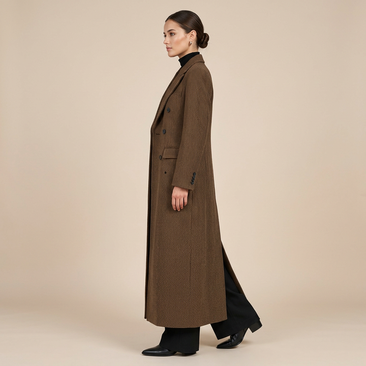 Houndstooth Structured Double-Breasted Long Wool-Blend Coat