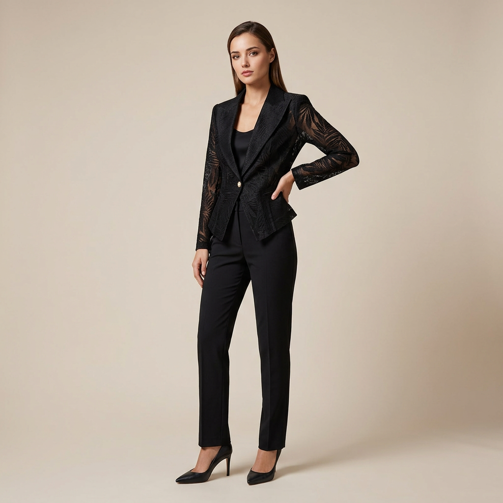 Black Embroidered Mesh Blazer for Cocktail Parties and Evening Elegance Women
