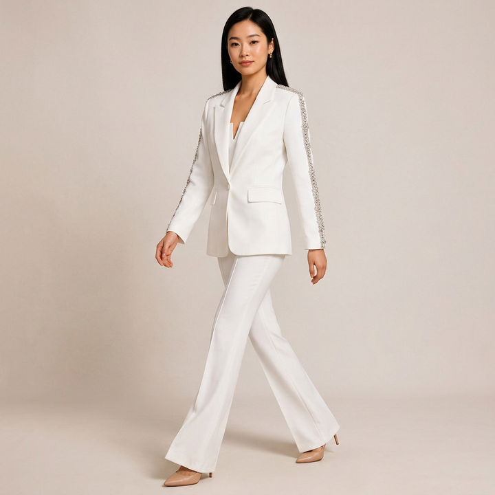 Crystal Trim Blazer and Flared Pants Suit Set for Executive Office Style Women