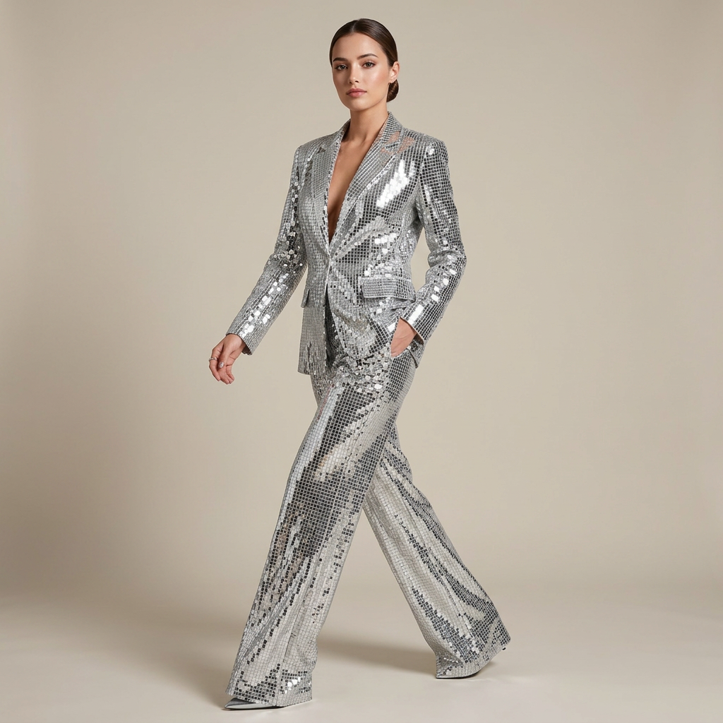 Silver Sequin Peak Lapel Blazer and Wide Leg Pants Set for Friday Night Vibes Women