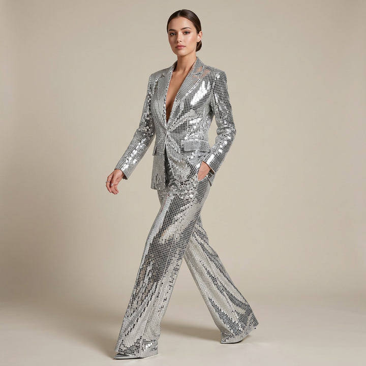 Silver Sequin Peak Lapel Blazer and Wide Leg Pants Set for Friday Night Vibes Women