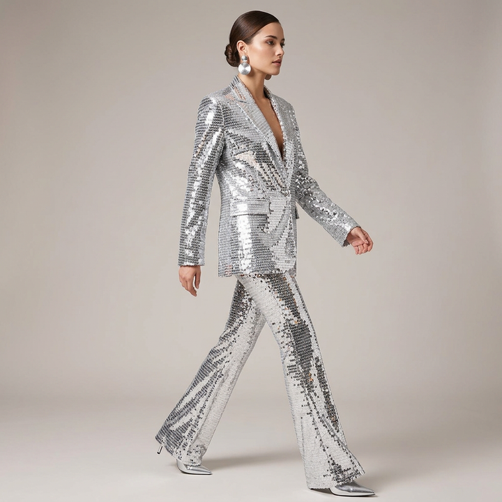 Silver Sequin Blazer and Wide Leg Pants Set for Gala Nights and Statement Glamour Women