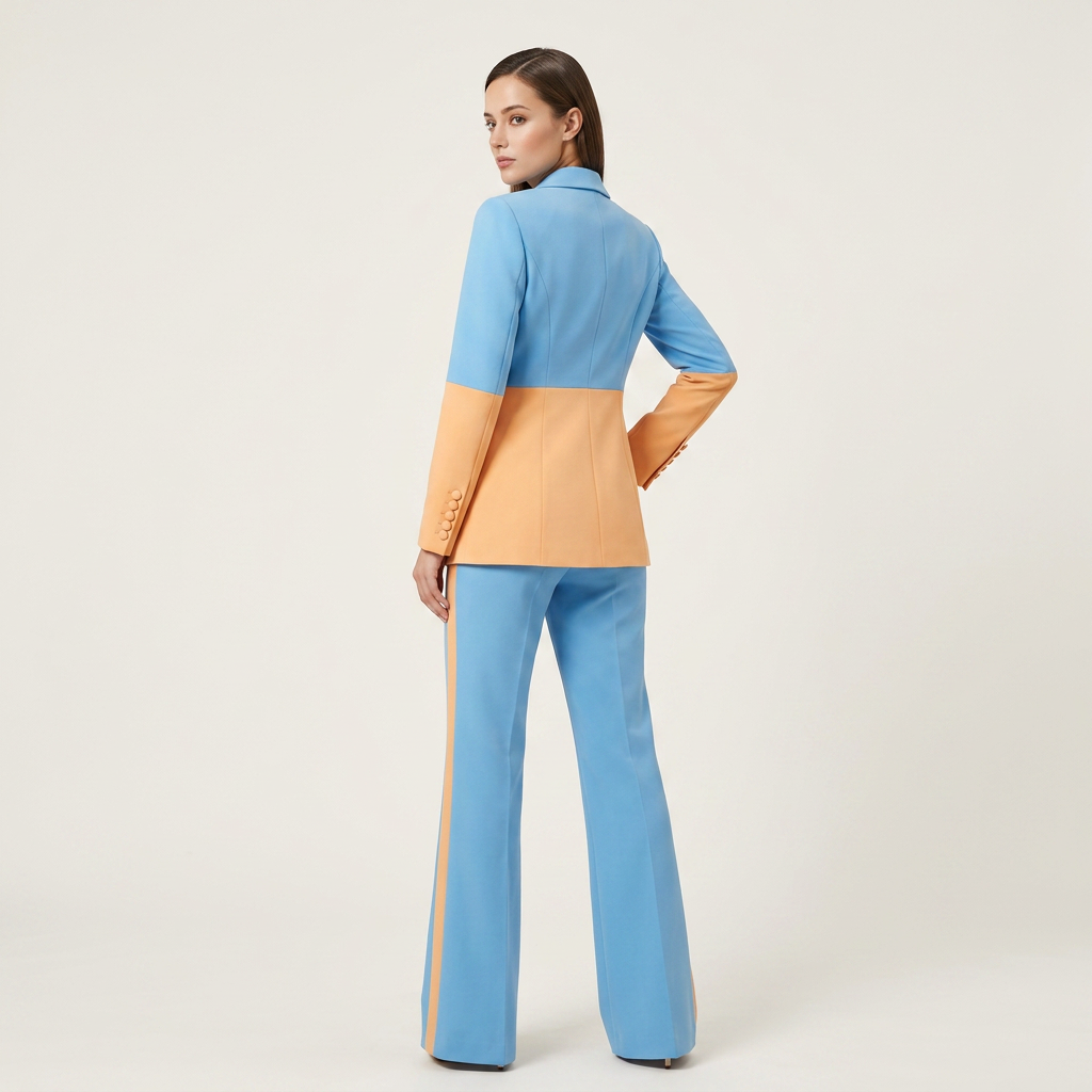Color Block One-Button Blazer and Flared Pants Set for Meetings Ready Women