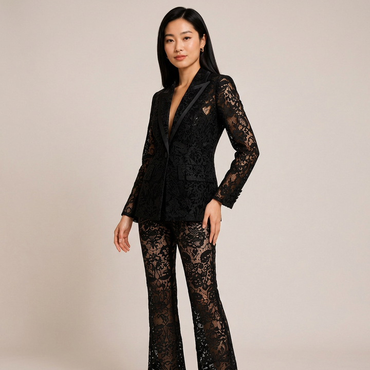 Embroidered Sequin Mesh Blazer and Wide Leg Pants Set for Gala Evenings and Luxury Events Women
