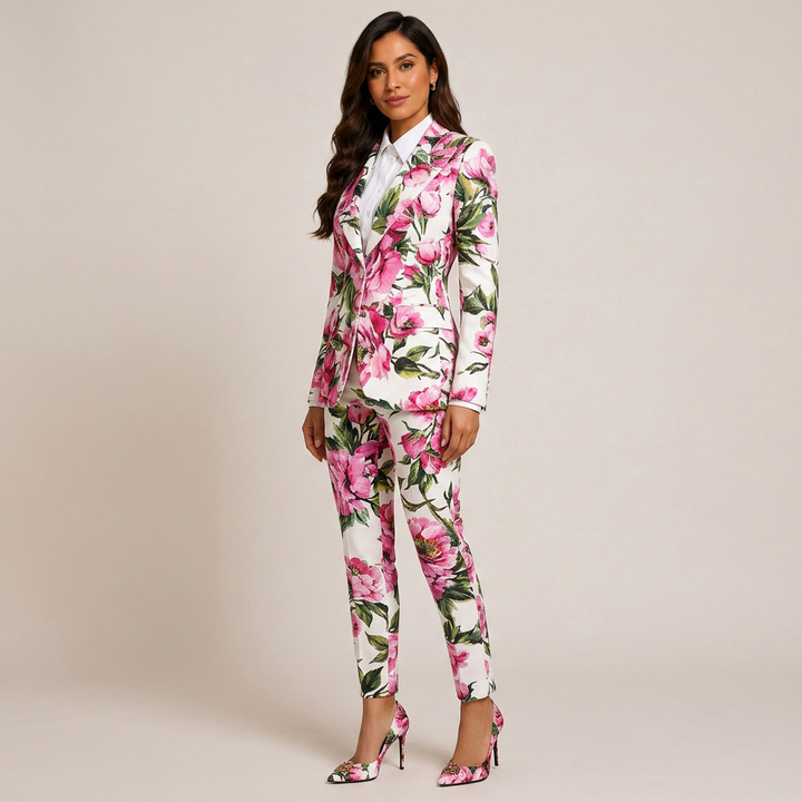 Floral Print One-Button Blazer and Straight Leg Pants Set for Friday Night Vibes Women