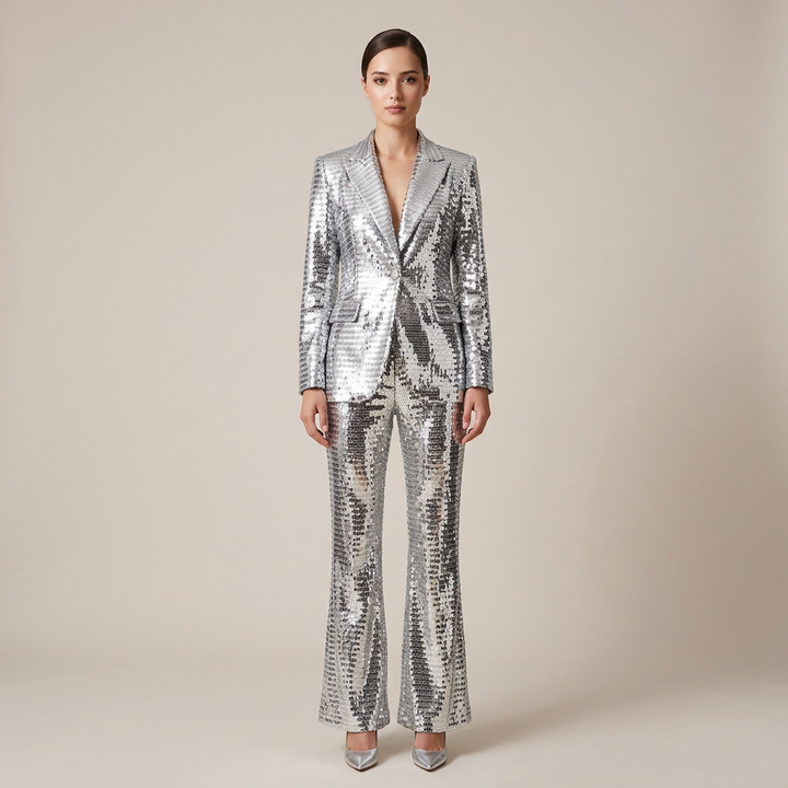 Silver Sequin Blazer and Wide Leg Pants Set for Gala Nights and Statement Glamour Women